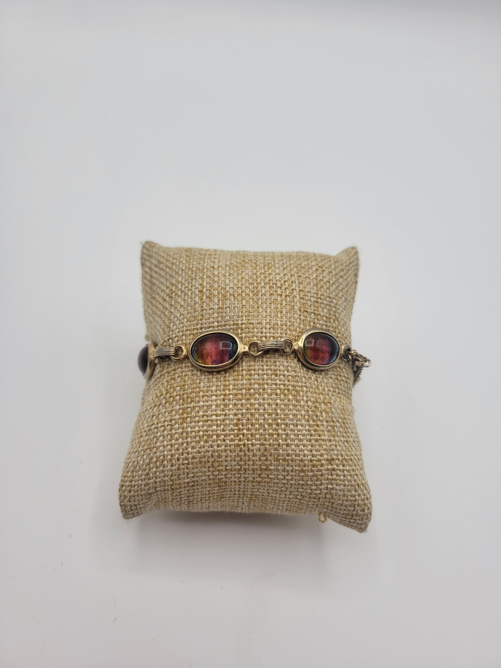 Vintage Sarah Coventry 6 Rainbow Glass Stone Bracelet Safety Chain 6.75